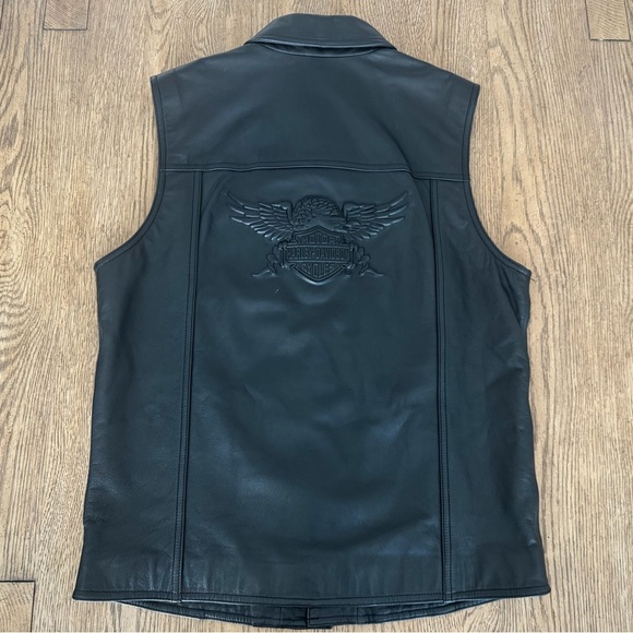 Harley-Davidson Black Leather Button Down Real Leather Embossed Tank M Grunge - Picture 4 of 9